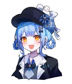 1girl :d black_bow black_capelet black_hat blue_hair blue_necktie blunt_bangs bow braid braided_hair_rings capelet commentary_request deerstalker dodotsuki hair_bow hair_rings hat highres looking_at_viewer mahou_shoujo_no_majo_saiban necktie open_mouth short_hair simple_background smile solo tachibana_sherry upper_body white_background yellow_eyes