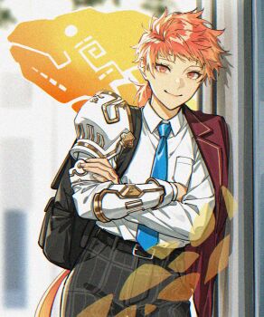 Rule 34 | 1girl, armor, backpack, bag, belt, black bag, black belt, blue necktie, closed mouth, collared shirt, commentary request, crossed arms, fructua kk, grey pants, highres, holding, holding bag, jacket, jacket on shoulders, looking at viewer, necktie, orange eyes, orange hair, outdoors, pants, pauldrons, ponytail, red jacket, shirt, short hair, shoulder armor, single pauldron, single vambrace, smile, solo, taromaiti (housamo), tokyo houkago summoners, vambraces, white shirt