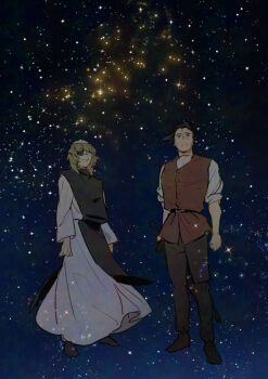 Rule 34 | 2boys, badeni, belt, black belt, black hair, black pants, black tabard, chi.: chikyuu no undou ni tsuite, full body, happy, kadeart, male focus, medium hair, multiple boys, oczy, pants, scar, scar on face, scar on lip, scar on mouth, scar on nose, sheath, sheathed, shirt, sky, sleeves rolled up, smile, space, standing, star (sky), starry sky, sword, tabard, tonsure, vest, waistcoat, weapon, white shirt