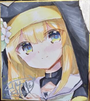 Rule 34 | 1girl, animal ears, black dress, blonde hair, blue archive, blue eyes, blush, closed mouth, commentary request, dress, fake animal ears, flower, highres, interlocked fingers, kuriyuzu kuryuu, long hair, looking at viewer, mari (blue archive), nun, own hands clasped, own hands together, photo (medium), shikishi, signature, smile, solo, traditional media, upper body, veil, white flower
