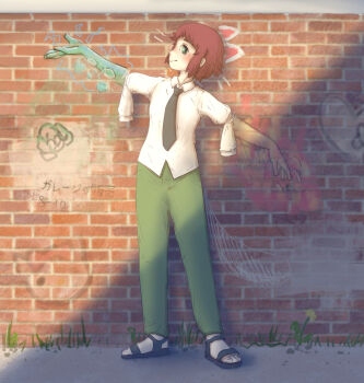 1girl amputee androgynous armless_amputee black_necktie black_sandals blush brick_wall closed_mouth collared_shirt commentary commission dirk-menace double_amputee english_commentary flower graffiti grass green_eyes green_pants highres katawa_shoujo necktie pants red_hair sandals school_uniform shirt short_hair sleeve_tied_shut smile solo standing textless_version tezuka_rin white_shirt yamaku_high_school_uniform