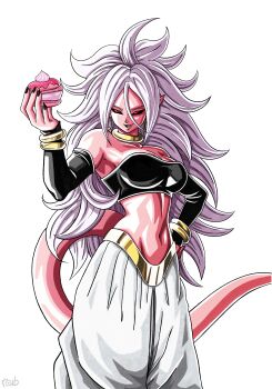 1girl absurdres android_21 bare_shoulders black_nails black_sclera black_tube_top breasts cleavage collarbone colored_sclera colored_skin cowboy_shot dragon_ball dragon_ball_fighterz grey_hair hand_on_own_hip harem_pants highres large_breasts majin_android_21 pants pink_skin pink_tail pointy_ears red_eyes roub3d solo strapless tail tube_top white_pants