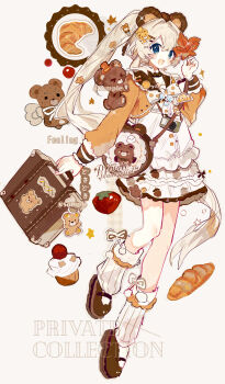 Rule 34 | 1girl, :d, absurdres, animal ears, baichaguozi, bear ears, bear girl, blue eyes, blush stickers, briefcase, brown shoes, croissant, cupcake, double-parted bangs, dress, food, fruit, full body, grey hair, hair between eyes, hair intakes, hair ornament, hairclip, highres, holding, holding briefcase, holding leaf, jacket, leaf, long hair, long sleeves, open mouth, orange jacket, original, parallel hairclips, shoes, simple background, smile, socks, solo, standing, strawberry, twintails, watermark, white background, white dress, white socks