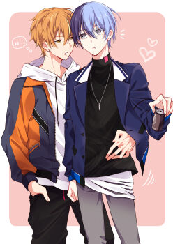 2boys aoyagi_touya aruke_(rk_prsk) black_pants black_shirt blonde_hair blue_hair border can clenched_hand commentary_request drawstring earrings fingernails grey_eyes grey_pants hair_between_eyes hand_around_waist hand_in_pocket heart highres holding holding_can hood hood_down hoodie jacket jacket_over_hoodie jewelry lapels looking_at_another male_focus mole mole_under_eye multicolored_hair multiple_boys necklace notched_lapels notice_lines open_clothes open_jacket orange_eyes orange_hair outside_border pants parted_lips project_sekai shinonome_akito shirt short_hair sideways_glance split-color_hair streaked_hair turtleneck two-tone_hair white_border white_hoodie yaoi