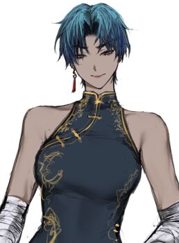 1girl bandaged_arm bandages bare_shoulders blue_hair breasts china_dress chinese_clothes closed_mouth commentary dark-skinned_female dark_skin dress earrings grey_dress highres jewelry looking_at_viewer mole mole_under_eye original parted_bangs red_eyes short_hair simple_background single_earring sketch sleeveless sleeveless_dress small_breasts smile solo symbol-only_commentary tassel tassel_earrings tsurime ulularts upper_body white_background