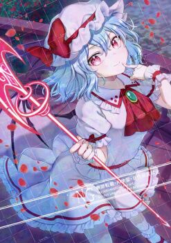 1girl adversarial_noise alto2019 ascot bat_wings blue_hair bow brooch closed_mouth collared_shirt commentary_request commission falling_petals frilled_shirt_collar frilled_skirt frills hat hat_bow highres holding holding_weapon jewelry looking_at_viewer mob_cap petals red_ascot red_bow red_eyes red_petals remilia_scarlet sample_watermark shirt signature skirt sleeve_bow smile socks solo spear_the_gungnir touhou watermark watermark_grid weapon white_hat white_shirt white_skirt white_socks wings wrist_cuffs