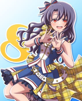 1girl :d blue_background blue_shirt blue_skirt blush buttons commentary_request create_festival_(idolmaster) curtained_hair double-breasted double_ok_sign feet_out_of_frame frilled_skirt frills ganbarai gradient_background highres idolmaster idolmaster_million_live! idolmaster_million_live!_theater_days long_hair looking_at_viewer miniskirt ok_sign open_mouth outline parted_bangs pleated_skirt purple_hair red_eyes shirt side_part simple_background skirt sleeveless sleeveless_shirt smile solo takayama_sayoko teeth upper_teeth_only wavy_hair white_outline