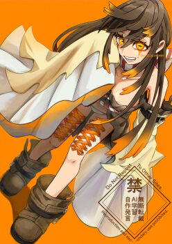 Rule 34 | 1girl, absurdres, amo empool, black dress, boots, brown boots, brown hair, colored tips, corset piercing, detached sleeves, dress, dutch angle, full body, gachiakuta, highres, long hair, looking at viewer, multicolored hair, open mouth, orange eyes, orange hair, orange ribbon, p 0 a, ribbon, simple background, sleeves past fingers, sleeves past wrists, smile, solo, white sleeves