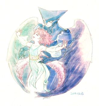 Rule 34 | 1boy, 1girl, :d, android, armor, asagi marin, blue gloves, brigadoon, brown hair, dated, detached sleeves, elbow gloves, feathered wings, flat chest, gloves, hetero, highres, kotetsu (hiryuunokotetsu), medium hair, melan blue, open mouth, see-through clothes, smile, white background, wind, wings