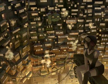 1girl absurdres asymmetrical_legwear aviator_cap aviator_goggles black_hair black_shorts black_thighhighs brown_shirt brown_theme building closed_mouth collarbone commentary_request crop_top cropped_shirt expressionless feet_out_of_frame from_side goggles goggles_on_headwear highres i-beam industrial_pipe maneki-neko original sakura_inu_(itoyatomo) shirt short_hair shorts sitting sleeveless sleeveless_shirt solo steam steampunk thighhighs wide_shot window_light