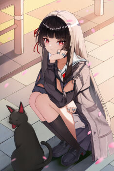 1girl absurdres arm_cutout black_cat black_hair black_jacket black_shoes black_skirt black_socks cat chisa_(wuthering_waves) closed_mouth clothing_cutout commentary hair_ribbon highres jacket jiyamig loafers long_hair long_sleeves looking_at_viewer petals pink_petals red_eyes red_ribbon ribbon sailor_collar shoes skirt smile socks solo squatting white_sailor_collar wuthering_waves