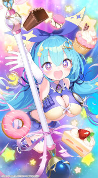 +_+ 1girl :d arm_up blue_hair blue_ribbon blue_shirt blue_shoes blue_skirt blush bow_hairband breasts brooch cake chocolate_cake cleavage cleavage_cutout clothing_cutout collared_shirt colored_tips commentary_request cupcake donut elbow_gloves enuzoushigaya food from_above full_body gloves hair_between_eyes hair_ornament hair_ribbon hairband heart highres jewelry large_breasts long_hair looking_at_viewer low_twintails macaron magical_girl multicolored_hair official_art open_hand open_mouth outstretched_arm pink_hair purple_eyes ribbon shirt shoes single_thighhigh skirt sleeveless sleeveless_shirt smile solo spread_fingers staff star_(symbol) striped_clothes striped_thighhighs sweets teeth thighhighs torezianna_(twinkle_star_knights) twinkle_star_knights twintails underboob underboob_cutout upper_teeth_only very_long_hair white_gloves