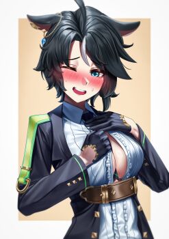 Rule 34 | 1girl, absurdres, animal ears, belt, black gloves, black hair, black jacket, black necktie, blue eyes, blush, border, breasts, brown belt, center frills, center opening, cleavage, commentary, frills, fuji kiseki (shooting star revue) (umamusume), fuji kiseki (umamusume), gloves, highres, horse ears, horse girl, jacket, large breasts, looking at viewer, manjo (warito), necktie, nose blush, one eye closed, open mouth, outside border, shirt, short hair, smile, solo, teeth, umamusume, upper teeth only, white border, white shirt, white streaks
