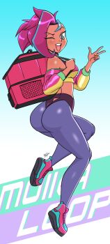 Rule 34 | 1girl, absurdres, ass, asymmetrical hair, backpack, bag, black hair, blue eyes, blue hair, borrowed character, breasts, commentary, crop top, dark-skinned female, dark skin, english commentary, full body, highres, medium breasts, moika (moikaloop), multicolored hair, one eye closed, original, pants, purple hair, purple shoes, shoes, sneakers, solo, tight clothes, tight pants, w, warren blakely