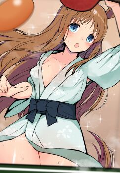 1girl akizuki_shigure animal_ears blue_eyes breasts brown_hair cleavage commentary_request grass_wonder_(umamusume) highres holding_table_tennis_paddle horse_ears horse_girl japanese_clothes kimono long_hair medium_breasts open_mouth paddle smile solo sweat table_tennis_paddle umamusume