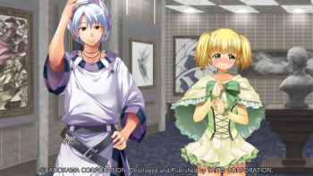1boy 1girl aleph_coulson art_gallery atelier-moo averting_eyes belt black_belt blonde_hair bow breasts bridal_gauntlets brown_eyes capelet choker clenched_hands closed_mouth collarbone company_name copyright_notice corset cowboy_shot elbow_gloves embarrassed game_cg gloves green_bow green_capelet green_choker green_eyes green_shirt grey_pants hair_between_eyes hand_on_own_hat hand_on_own_hip hands_up hat indoors key large_variant_set long_shirt looking_at_viewer looking_to_the_side maria_short medium_hair miniskirt non-web_source official_art painting_(object) pants picture_frame purple_hat purple_shirt shirt short_hair short_twintails skirt small_breasts smile standing statue strapless strapless_shirt striped_hat tareme thighs three-quarter_sleeves tile_wall tiles twintails variant_set white_hair yellow_gloves yuukyuu_gensoukyoku yuukyuu_gensoukyoku_revival