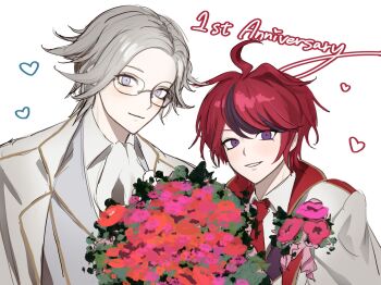 2boys ahoge aotsuki_eito ascot black_hair blush bouquet closed_mouth commentary_request english_text flower glasses gold_trim grey_hair grey_vest grin heart height_difference highres lapels male_focus multicolored_hair multiple_boys necktie notched_lapels official_alternate_costume pink_flower porio purple_eyes red_flower red_hair red_necktie shirt short_hair simple_background smile solo streaked_hair sumino_takumi the_hundred_line_-last_defense_academy- two-tone_hair vest white_ascot white_background white_shirt yaoi