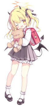 1girl :d azumi_kazuki backpack bag black_dress black_horns black_ribbon black_shoes black_tail black_wings blonde_hair bloomers blue_archive blush bobby_socks commentary_request demon_girl demon_horns demon_tail demon_wings dress full_body hair_ribbon halo highres holding holding_stuffed_toy horns ibuki_(blue_archive) long_hair long_sleeves looking_at_viewer one_eye_closed open_mouth pinafore_dress pleated_dress randoseru red_bag ribbon shirt shoes side_ponytail simple_background sleeveless sleeveless_dress smile socks solo stuffed_animal stuffed_toy tail teddy_bear underwear white_background white_bloomers white_shirt white_socks wings yellow_eyes yellow_halo