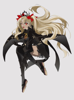 Rule 34 | 1girl, absurdres, black cape, black dress, black gloves, black thighhighs, blonde hair, breasts, cape, commentary request, dark-skinned female, dark skin, dress, earrings, ereshkigal (fate), ereshkigal alter (fate), fate/grand order, fate (series), full body, fur-trimmed cape, fur trim, gloves, hair ribbon, highres, jewelry, long hair, long sleeves, looking at viewer, medium breasts, open mouth, parted bangs, red eyes, ribbon, smile, solo, thighhighs, tiara, tokumori ramen, two side up