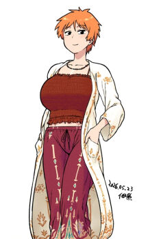 1girl breasts cardigan collarbone commentary_request drawstring feet_out_of_frame hands_in_pockets jewelry large_breasts light_blush light_smile looking_at_viewer navel necklace open_cardigan open_clothes orange_hair original pants red_pants short_hair simple_background solo stomach sweater tsukudani_(coke-buta) tsurime-chan white_background white_sweater