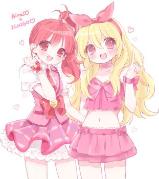 2girls :d aikatsu! aikatsu!_(series) blonde_hair bow_hairband choker collared_shirt cowboy_shot crop_top hair_ribbon hairband harune_aira highres hoshimiya_ichigo index_finger_raised jacket lapels layered_skirt long_hair looking_at_viewer miniskirt mipi_(u3u_00) multiple_girls necktie open_mouth pink_jacket pink_skirt pleated_skirt pretty_rhythm pretty_rhythm_aurora_dream pretty_series puffy_short_sleeves puffy_sleeves red_eyes red_hair red_hairband red_necktie red_ribbon ribbon shirt short_sleeves side_ponytail sidelocks simple_background skirt sleeveless sleeveless_jacket smile white_background white_shirt white_skirt wrist_cuffs wrist_ribbon