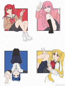 4girls absurdres blonde_hair blue_eyes bocchi_the_rock! gotoh_hitori green_eyes haniwa_hayate highres ijichi_nijika kita_ikuyo multiple_girls pink_hair red_hair school_uniform socks upside-down v white_socks yamada_ryo