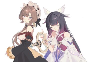2girls bare_shoulders black_collar black_dress black_hair black_sleeves blue_eyes blush bonnet bow brown_hair closed_eyes collar colored_inner_hair columbina_(genshin_impact) commentary_request detached_collar detached_sleeves dress eye_mask facing_another frilled_sleeves frills genshin_impact gradient_hair hair_ribbon head_wings highres long_hair long_sleeves looking_at_another mask multicolored_hair multiple_girls open_mouth ove_(user_vcdx4582) purple_hair ribbon sandrone_(genshin_impact) simple_background upper_body white_background white_bow white_dress white_ribbon white_wings winding_key wings