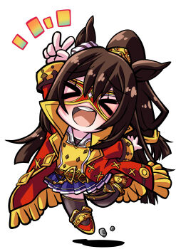 Rule 34 | > <, 1girl, absurdres, animal ears, arm up, black thighhighs, blush, brown hair, closed mouth, coat, domino mask, el condor pasa (el numero 1) (umamusume), el condor pasa (umamusume), eye mask, hair between eyes, highres, horse ears, horse girl, horse tail, jacket, long hair, long sleeves, mask, open mouth, pleated skirt, ponytail, red coat, red jacket, senomoto hisashi, shirt, shoes, simple background, skirt, smile, solo, tail, teeth, thighhighs, umamusume, upper teeth only, v, white background, yellow shirt