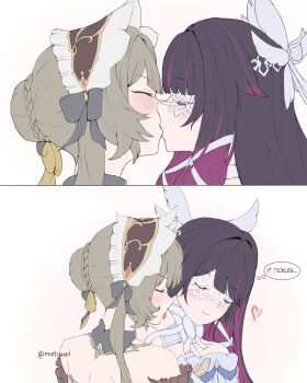 2girls bare_shoulders black_hair blush bonnet braid braided_bun closed_eyes columbina_(genshin_impact) commentary dress english_commentary english_text genshin_impact grey_hair hair_bun highres kiss licking licking_another's_neck mintyvael multiple_girls off-shoulder_dress off_shoulder purple_streaks sandrone_(genshin_impact) simple_background speech_bubble thought_bubble twitter_username white_background yuri