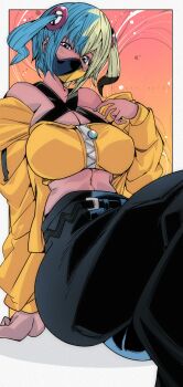 1girl arm_support belt black_belt black_pants blonde_hair blue_eyes blue_hair blue_nails blush breasts canari_(pokemon) cleavage dark_skin hair_ornament jacket kinakomochi_(user_vedc2333) large_breasts long_sleeves looking_at_viewer mask mega_stone midriff mouth_mask multicolored_hair nail_polish navel nintendo off-shoulder_jacket off_shoulder open_clothes open_jacket orange_background pants pokemon pokemon_legends:_z-a shirt short_hair sitting sleeveless sleeveless_shirt twintails two-tone_hair yellow_jacket yellow_nails yellow_shirt zipper