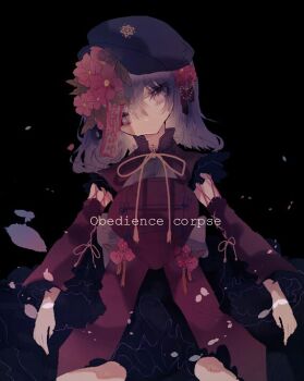 1girl black_background black_hat black_skirt commentary_request cowboy_shot cross-laced_clothes cross-laced_sleeves english_text flower frilled_skirt frills hair_flower hair_ornament hat hat_ornament head_tilt jiangshi looking_at_viewer medium_hair miyako_yoshika neck_ribbon newsboy_cap ofuda one-hour_drawing_challenge purple_eyes purple_hair red_flower red_shirt ribbon shinjitsu_no_kuchi shirt sitting skirt solo star_(symbol) star_hat_ornament touhou