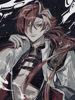 1boy absurdres black_background closed_mouth commentary_request expressionless fate/grand_order fate_(series) glint hair_between_eyes highres jacket long_hair looking_at_viewer male_focus ou_syoku7 ponytail red_eyes red_hair solo takasugi_shinsaku_(fate) upper_body very_long_hair white_jacket