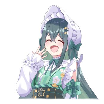 1girl bare_shoulders black_corset blush bonnet breasts closed_eyes collar colored_inner_hair corset cropped_torso crossed_bangs detached_sleeves fish floral_print floral_print_kimono flower-shaped_pupils flower_hairpin frilled_bonnet frilled_collar frills green_eyes green_hair green_kimono green_ribbon hair_ribbon hand_to_own_mouth japanese_clothes kimono long_hair long_sleeves multicolored_hair neck_ribbon nijisanji obiage obijime open_mouth print_kimono ribbon small_breasts smile solo standing symbol-shaped_pupils tearing_up togawa_nonoha transparent_background virtual_youtuber white_bonnet white_sleeves yasutarou