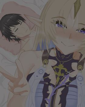 Rule 34 | 1boy, 1girl, absurdres, amaama (user zwsj7784), black hair, blue eyes, blush, closed eyes, colored inner hair, commentary, english commentary, fleurdelys (wuthering waves), guy tired after sex (meme), heart, highres, horns, implied after sex, long hair, looking at viewer, male rover (wuthering waves), meme, multicolored hair, pillow, pointy ears, rover (wuthering waves), smile, tacet mark (wuthering waves), v, wuthering waves