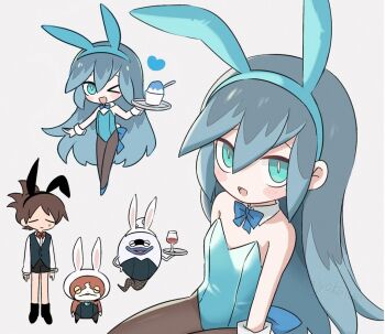 1boy 1girl alternate_costume amano_keita blue_eyes blue_hair blue_leotard brown_hair brown_pantyhose collar cup detached_collar drinking_glass fubukihime holding holding_tray jibanyan koko_ue leotard long_hair looking_at_viewer multicolored_hair multiple_views one_eye_closed open_mouth pantyhose playboy_bunny strapless strapless_leotard tray two-tone_hair whisper_(youkai_watch) white_collar wine_glass youkai_watch