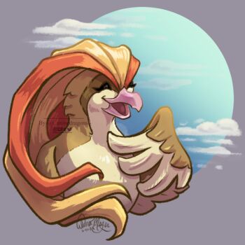 artist_name beak bird cd-illustration closed_eyes cloud gen_1_pokemon nintendo no_humans open_mouth pidgeot pigeon pokemon pokemon_(creature) signature solo upper_body watermark