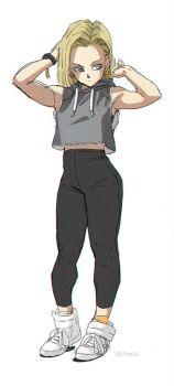 1girl android_18 ashley_swidowski blonde_hair blouse blue_eyes bob_cut cropped_hoodie dragon_ball earrings full_body grey_shirt hand_in_own_hair high-waist_pants hood hoodie jewelry leggings muscular muscular_female orange_socks pants shirt shoes short_hair side_part simple_background sleeveless sleeveless_hoodie socks solo white_background white_shoes wristband