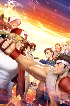 Rule 34 | 4boys, 5girls, bare legs, bracelet, capcom, capcom fighting jam, capcom vs. snk, capcom vs. snk 2, china dress, chinese clothes, chun-li, dougi, dress, edward fokker, face-to-face, fatal fury, headband, highres, ichimonji batsu, ingrid (capcom), jacket, jewelry, julia whitepearl, june lin milliam, justice gakuen, key visual, moero! justice gakuen, mori toshiaki, multiple boys, multiple girls, official art, pete (power stone), power stone, power stone 2, promotional art, punching, red jacket, ryu (street fighter), shiranui mai, sleeveless, sleeveless jacket, smile, snk, spiked bracelet, spikes, star gladiator, street fighter, street fighter zero (series), terry bogard, torn clothes, torn sleeves, umbrella