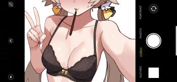 1girl absurdres bare_arms black_bra blue_archive blush bow bow_bra bra breasts brown_hair commentary_request fake_phone_screenshot fake_screenshot food food_in_mouth hair_ornament hifumi_(blue_archive) highres korean_commentary long_hair medium_breasts neugneugsusu pocky pocky_in_mouth reaching reaching_towards_viewer selfie simple_background solo sweatdrop twintails underwear user_interface v white_background wing_hair_ornament