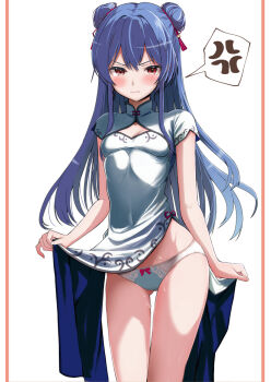 1girl alternate_costume anger_vein blue_hair blush bow bow_panties breasts cleavage_cutout closed_mouth clothes_lift clothing_cutout covered_navel cowboy_shot double_bun dress dress_lift frown hair_bun hair_ornament highres hinanawi_tenshi kamunika lifting_own_clothes long_hair looking_at_viewer medium_dress panties pelvic_curtain red_eyes side_slit small_breasts solo spoken_anger_vein standing sweat tassel tassel_hair_ornament touhou underwear white_dress white_panties