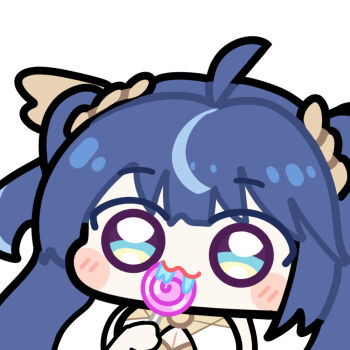 1girl ahoge blue_eyes breasts cable commentary drooling english_commentary iuno_(wuthering_waves) lollipop_in_mouth long_hair looking_at_viewer medium_breasts multicolored_hair solo streaked_hair twomoon wuthering_waves