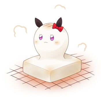 absurdres animal_ears blush bow closed_mouth curren_chan_(umamusume) ear_bow food foodification goom_(goomyparty) highres horse_ears mochi purple_eyes red_bow umamusume white_background