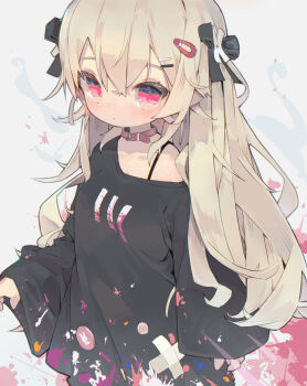 Rule 34 | 1girl, absurdres, black bow, black shirt, blonde hair, blush, bow, closed mouth, collar, collarbone, commentary, crossed bangs, dot nose, hair between eyes, hair bow, hair ornament, hairclip, highres, long hair, long sleeves, looking at viewer, nep (nep 76), off shoulder, original, parallel hairclips, red collar, red eyes, shirt, single bare shoulder, solo, upper body, wide sleeves
