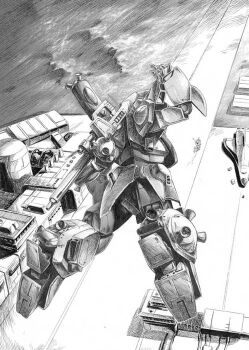 aoki_ryuusei_spt_layzner armor greyscale gun helmet machinery mecha monochrome no_humans robot runway saeki_shouji spacecraft weapon