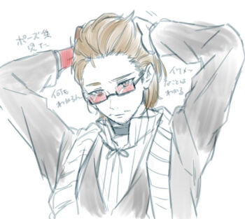 Rule 34 | 1boy, absurdres, adjusting hair, alternate costume, arms behind head, arms up, bags under eyes, beard stubble, black-framed eyewear, black-framed glasses, black choker, black coat, black collar, black suit, brown hair, choker, closed mouth, coat, collar, collared shirt, colored extremities, colored skin, cropped torso, facial hair, forehead, formal clothes, frown, glasses, gregor (project moon), hair behind ear, hair slicked back, hands in own hair, hands on own head, head down, high collar, highres, la manchaland (identity) (project moon), lily26983455, limbus company, limited palette, long sleeves, looking at viewer, looking down, male focus, official alternate costume, open clothes, partially colored, photoshop (medium), pinstripe pattern, project moon, red-framed eyewear, red-tinted eyewear, red eyes, red hands, red skin, ribbed shirt, ribbon, scarf, semi-rimless eyewear, shirt, short hair, simple background, sketch, solo, stole, striped clothes, striped scarf, stubble, suit, sunglasses, tinted eyewear, translation request, tying hair, under-rim eyewear, upper body, white background, white scarf, white shirt, white stole