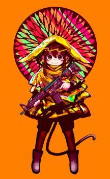 Rule 34 | 1girl, absurdres, blush, boots, brown hair, brown pantyhose, closed mouth, commentary request, grey boots, gun, hair between eyes, highres, holding, holding gun, holding weapon, iwasawayuki, jacket, looking at viewer, orange background, original, pantyhose, pantyhose under shorts, partial commentary, red eyes, shorts, simple background, smile, solo, standing, sticker, tail, tears, trigger discipline, weapon, weapon request, yellow jacket