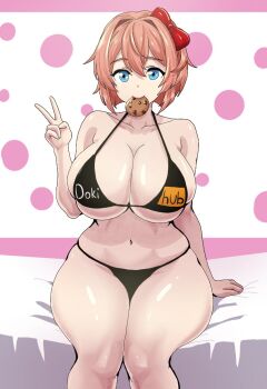 1girl bikini black_bikini blue_eyes bow breasts brown_hair cleavage cookie curvy doki_doki_literature_club food food_in_mouth hair_bow highres huge_breasts looking_at_viewer navel on_bed pornhub red_bow sayori_(doki_doki_literature_club) short_hair sitting solo swimsuit tanukisan9997 v