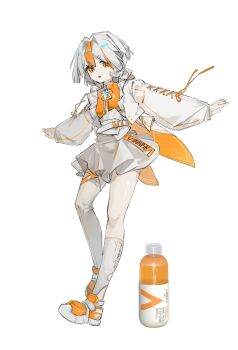 1other asymmetrical_legwear belt chinese_commentary commentary_request cross-laced_clothes cross-laced_sleeves highres long_sleeves miniskirt mismatched_legwear multicolored_hair orange_eyes orange_hair original outstretched_arms parted_lips personification puffy_long_sleeves puffy_sleeves reference_inset shirt shoes short_hair simple_background skirt sneakers socks solo spread_arms streaked_hair thighhighs user_cynu3544 white_background white_belt white_hair white_shirt white_skirt white_socks