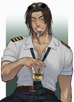 Rule 34 | 1boy, absurdres, bara, beard stubble, belt, cowboy shot, cup, denim, dog tags, facial hair, hairy, highres, holding, holding cup, jeans, looking at viewer, loose necktie, male focus, mature male, mouthwashing, muscular, muscular male, necklace in mouth, necktie, pants, partially unbuttoned, polle (mouthwashing), sanpaku, seductive smile, setuyuyu, short hair, smile, smirk, solo, sparse arm hair, sparse chest hair, stubble, thick eyebrows, tsurime