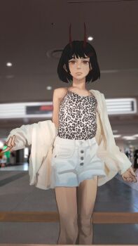 1girl beckoning black_camisole black_hair blunt_bangs blurry blurry_background bob_cut breasts camisole cardigan casual closed_mouth commentary curled_fingers demon_girl demon_horns expressionless hair_ornament hairclip highres horns index_finger_raised katya_(servachok) leopard_print_clothes lips long_sleeves off_shoulder open_cardigan open_clothes original outstretched_hand photo_background print_camisole red_eyes red_horns russian_commentary servachok shirt short_hair single_bare_shoulder skirt sleeveless sleeveless_shirt small_breasts solo torn_clothes torn_skirt walking white_camisole white_cardigan white_skirt